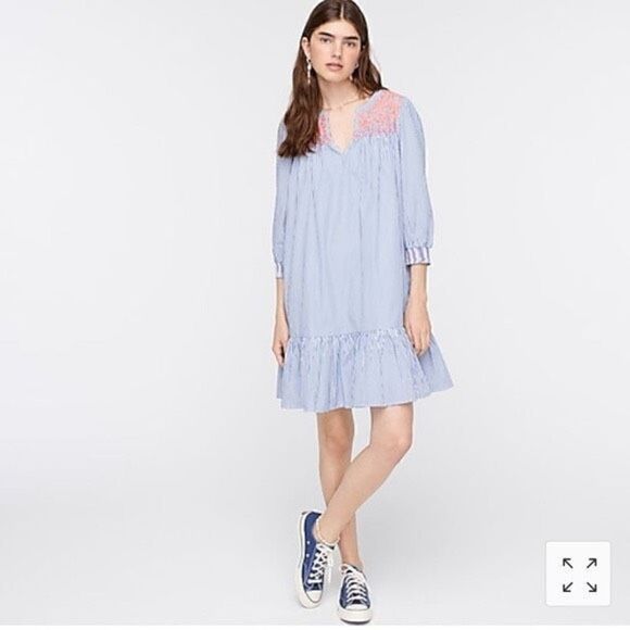J. Crew Stripe Popover Dress Embroidered Size M Blue - Picture 1 of 6